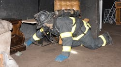 Firefighters should search on their hands and knees. This keeps their hips and shoulders orientated in the direction of travel.