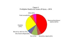 This graphic provided by the NFPA shows the breakdown of causes for the 69 on-duty firefighter deaths that occurred in 2016.