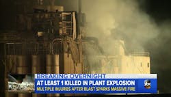 One person was killed, two are missing and over a dozen injured in a massive explosion at a corn milling plant in Cambria, WI, early Thursday morning. One person was killed, two are missing and over a dozen injured in a massive explosion at a corn milling plant in Cambria, WI, early Thursday morning.