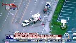 The American Medical Response ambulance and vehicle involved in the deadly crash are secured at the crash scene in Jupiter early Thursday. The American Medical Response ambulance and vehicle involved in the deadly crash are secured at the crash scene in Jupiter early Thursday.