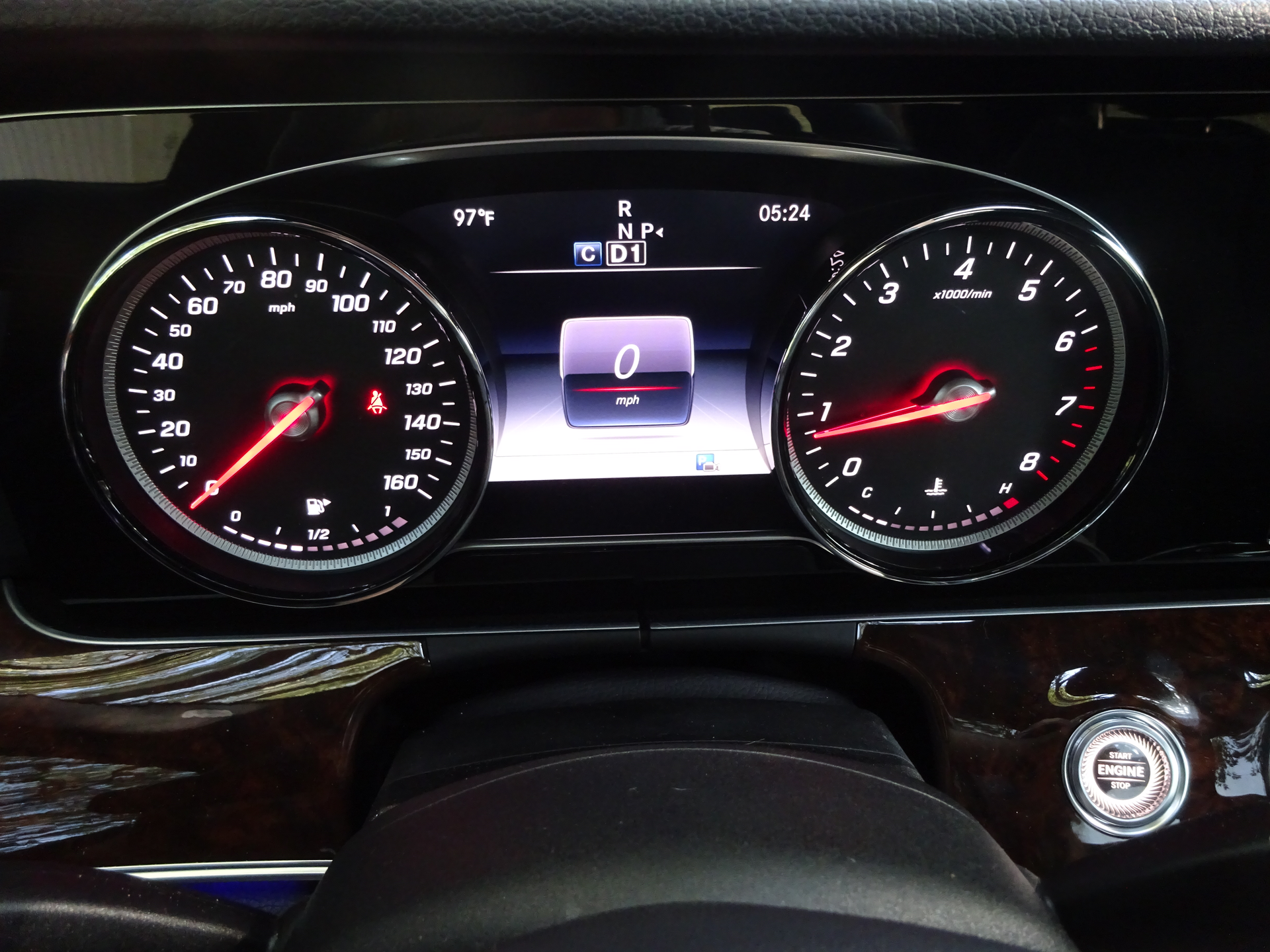 The instrument cluster of this 2017 Mercedes-Benz vehicle shows rescue personnel that not only is the vehicle still powered up, the engine is running and the transmission is in Drive. Note that the engine stop button (lower right) is also illuminated. Photos by Ron Moore