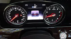 The instrument cluster of this 2017 Mercedes-Benz vehicle shows rescue personnel that not only is the vehicle still powered up, the engine is running and the transmission is in Drive. Note that the engine stop button (lower right) is also illuminated. Photos by Ron Moore