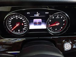 The instrument cluster of this 2017 Mercedes-Benz vehicle shows rescue personnel that not only is the vehicle still powered up, the engine is running and the transmission is in Drive. Note that the engine stop button (lower right) is also illuminated. Photos by Ron Moore