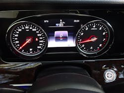 The instrument cluster of this 2017 Mercedes-Benz vehicle shows rescue personnel that not only is the vehicle still powered up, the engine is running and the transmission is in Drive. Note that the engine stop button (lower right) is also illuminated. Photos by Ron Moore The instrument cluster of this 2017 Mercedes-Benz vehicle shows rescue personnel that not only is the vehicle still powered up, the engine is running and the transmission is in Drive. Note that the engine stop button (lower right) is also illuminated. Photos by Ron Moore