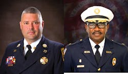 The IAFC and Pierce announced the 2017 winners of the annual “IAFC Fire Chief of the Year” awards at Fire-Rescue International. On the left is Volunteer Fire Chief Brian Wade of the North Lenoir Fire & Rescue Department in Kinston, NC and on the right is Career Fire Chief Marvin Riggins of the Macon-Bibb County Fire Department in Macon, GA. The IAFC and Pierce announced the 2017 winners of the annual “IAFC Fire Chief of the Year” awards at Fire-Rescue International. On the left is Volunteer Fire Chief Brian Wade of the North Lenoir Fire & Rescue Department in Kinston, NC and on the right is Career Fire Chief Marvin Riggins of the Macon-Bibb County Fire Department in Macon, GA.