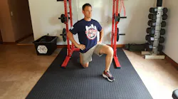 How to perform the Half-Kneeling Hip Flexor Stretch: Start with one knee down on the floor or a cushion with the other leg bent with the foot flat on the floor. Stay in an upright and tall position with your back straight. Next, squeeze the butt cheek (glute) of the knee that is down and try to push your hip forward. You should feel a stretch in the front of your hip and maybe even down your quad depending how tight you are. Breathe as you hold your hips in this position. You can reach your hands toward the ceiling to add more stretch but, be sure to keep your back straight and do not arch. Hold the stretch for 20–30 seconds for 3x on each side.