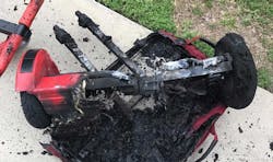 The remains of a hoverboard that sparked a fire at an Ocala, FL, home while it was left charging in the garage. The remains of a hoverboard that sparked a fire at an Ocala, FL, home while it was left charging in the garage.