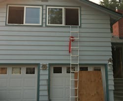 A collapsible ladder remains in place Tuesday after a boy used it to escape a Northwest Portland fire sparked by a hoverboard. A collapsible ladder remains in place Tuesday after a boy used it to escape a Northwest Portland fire sparked by a hoverboard.