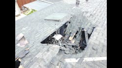 The hole where a Menlo Park fire captain fell through the roof. The hole where a Menlo Park fire captain fell through the roof.