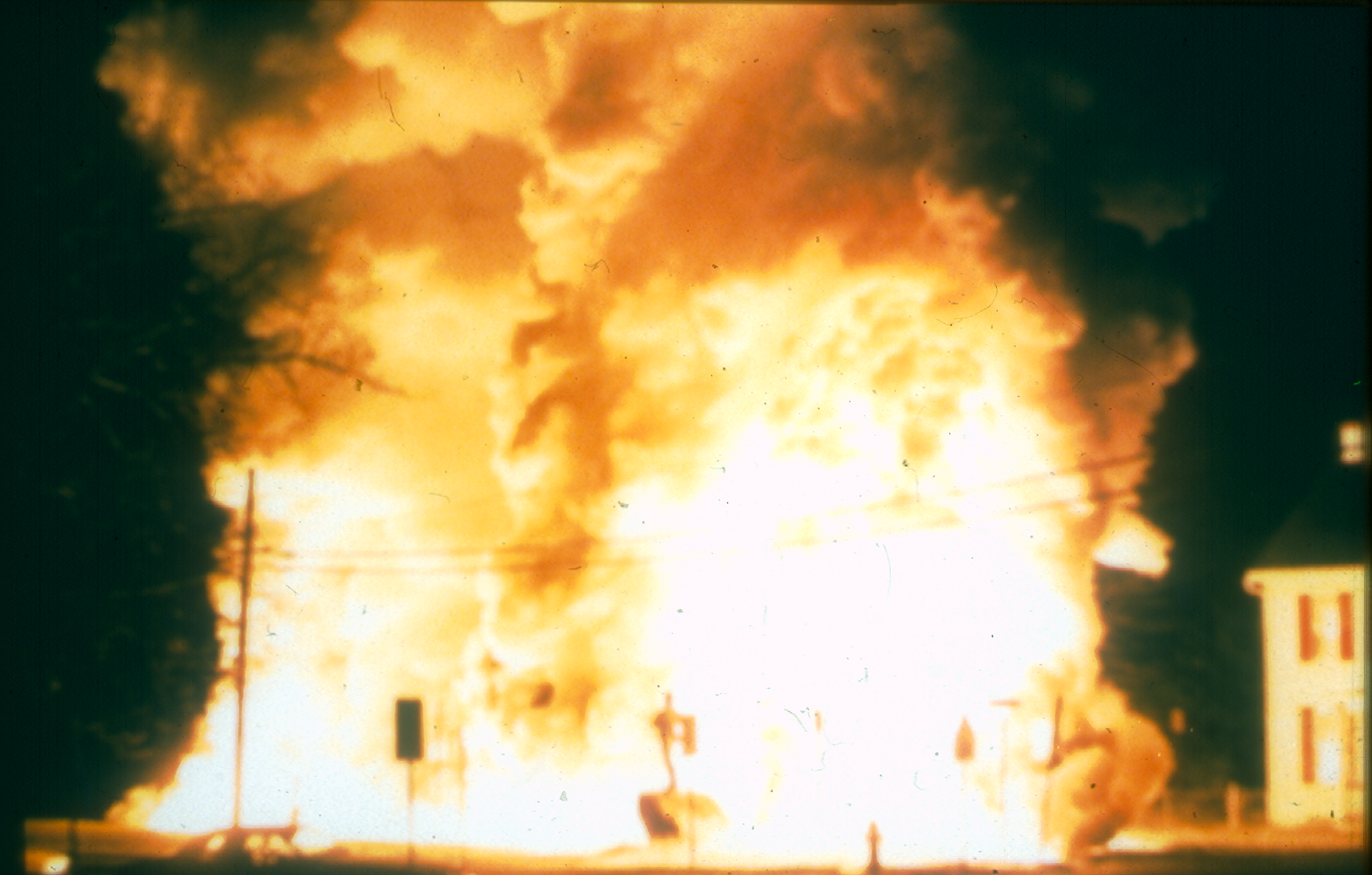 Phosphorous caught fire when water leaked from one of the 55-gallon drums, spread to all containers and engulfed this truck in Gettysburg, PA.