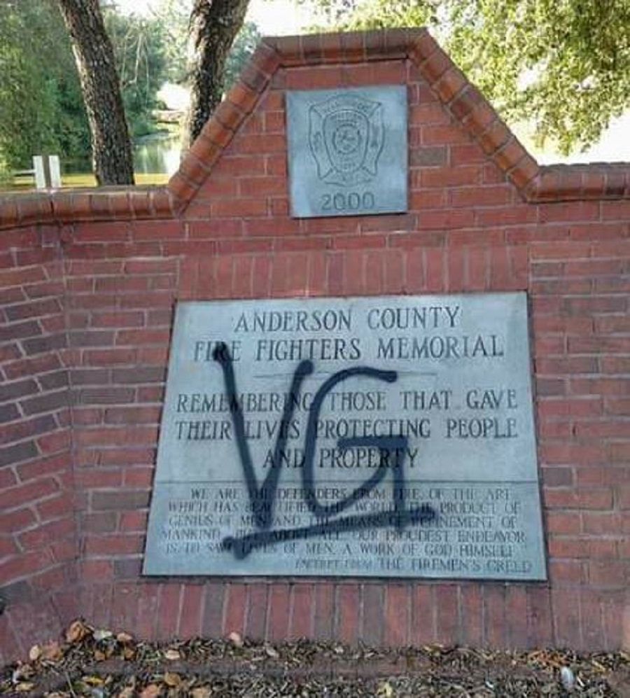 The Anderson County, SC, Fallen Firefighters Memorial was defaced by graffiti over the weekend.