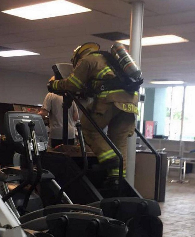 A woman who was working out at Rhodes Fitness in Gulfport, MS, on Monday snapped this photo of firefighter Collin Stuart climbing the equivalent of 110 flights of stairs to honor those who died on 9/11.