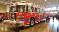 Murfreesboro, TN, Fire Department has it's brand new 100-foot rear-mount aerial, built by Sutphen, on the show floor. The aerial is powered by a Cummins ISX 500 hp engine, and has a 2,000 gpm Waterous pump. Murfreesboro, TN, Fire Department has it's brand new 100-foot rear-mount aerial, built by Sutphen, on the show floor. The aerial is powered by a Cummins ISX 500 hp engine, and has a 2,000 gpm Waterous pump.