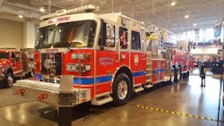 Murfreesboro, TN, Fire Department has it&apos;s brand new 100-foot rear-mount aerial, built by Sutphen, on the show floor. The aerial is powered by a Cummins ISX 500 hp engine, and has a 2,000 gpm Waterous pump.