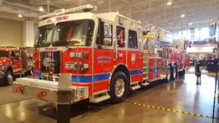 Murfreesboro, TN, Fire Department has it&apos;s brand new 100-foot rear-mount aerial, built by Sutphen, on the show floor. The aerial is powered by a Cummins ISX 500 hp engine, and has a 2,000 gpm Waterous pump.