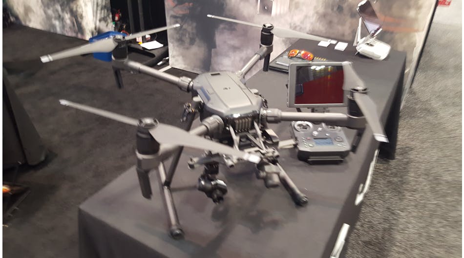 FLIR displayed its Unmaned Aircraft System (UAS) thermal imaging kits. The M10 640-19 has two gimbals, one for a visible camera and the other for a thermal imager. The device offers responders more options for surveillance of scenes and size-up.