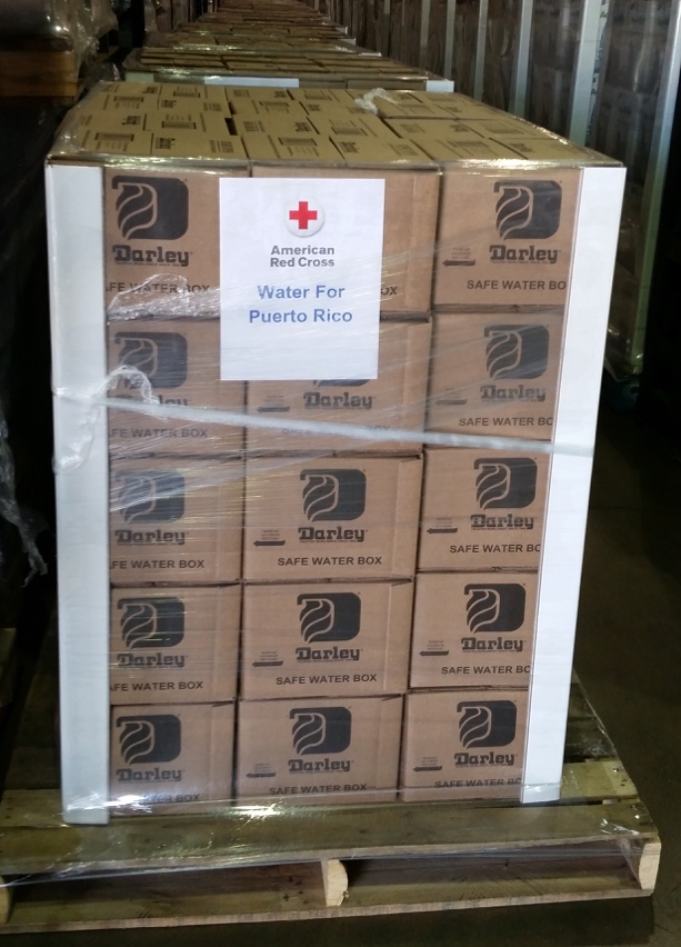 Each pallet contains 60 boxes of water and weighs 1,465 pounds.