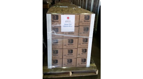 Each pallet contains 60 boxes of water and weighs 1,465 pounds.