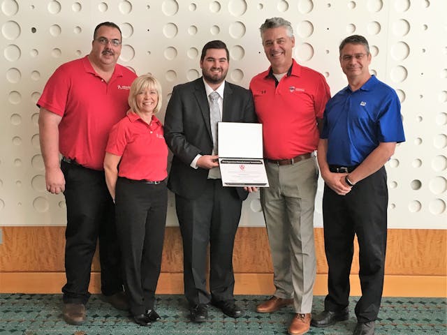 Oklahoma State University student Brett Seggerman (center) received the 2017 Phillip L. Turner Fire Protection Scholarship at Firehouse Expo in Nashville. Seggerman is pictured here with Akron Brass Senior District Manager Kent Clasen (left to right), Akron Brass Director of Marketing Kim Morrow, FAMA Board Vice President Steve Toren and FAMA 2017 Education Committee Chair Lou Milanovich.