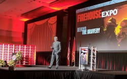 FDNY Capt. John Ceriello delivers the keynote address to conclude opening ceremonies at Firehouse Expo 2017 in Nashville, TN, on Thursday, Oct. 19, 2017.