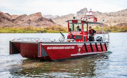 Lake Assault Boats, has placed two fire and rescue boats into service with the San Bernardino County Fire Department in California. The versatile landing craft style vessels &ndash; one 28 feet long and the other 26 feet long &ndash; are equipped to handle a wide range of emergency response scenarios. Shown here is the 28 foot craft. Photo courtesy of Brandon Barsugli of the San Bernardino County Fire Department.