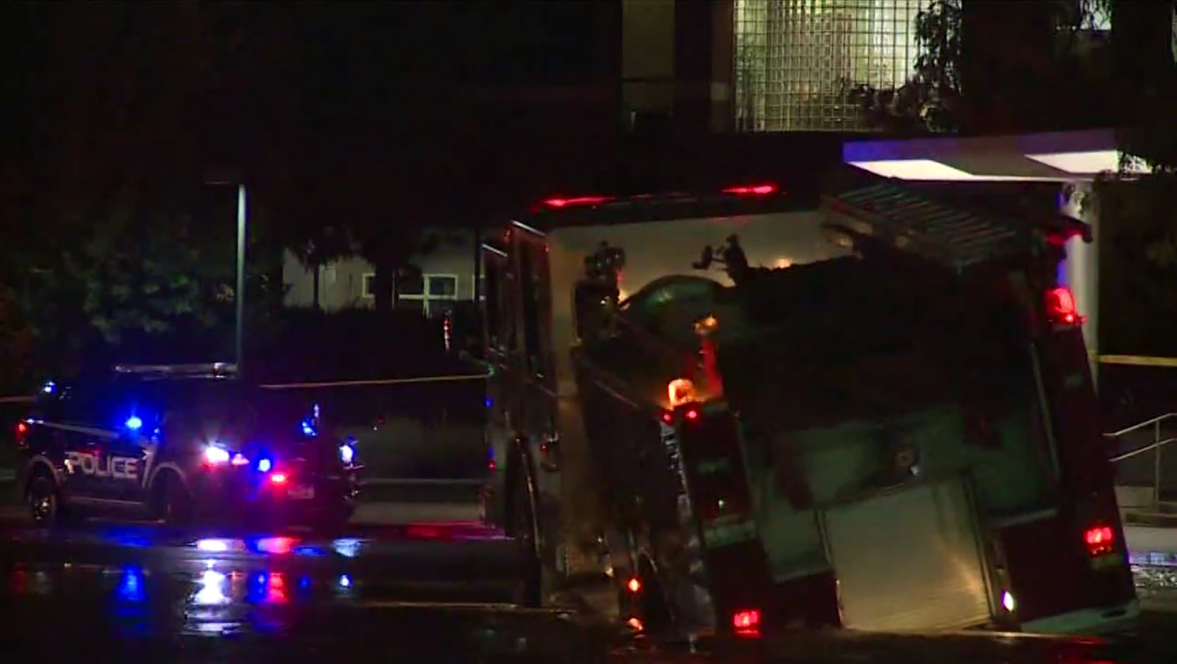 A fire engine remains stuck in a sinkhole Monday night on the campus of Boise State University.