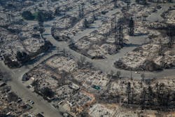 An aerial view of homes destroyed by wildfire in the Coffey Park neighborhood of Santa Rosa, CA, on October 11, 2017. An aerial view of homes destroyed by wildfire in the Coffey Park neighborhood of Santa Rosa, CA, on October 11, 2017.