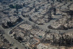 An aerial view of homes destroyed by wildfire in the Coffey Park neighborhood of Santa Rosa, CA, on October 11, 2017.