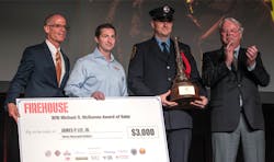 Firehouse Editor-in-Chief Tim Sendelbach (left) and Chief Michael O. McNamee (right) present a check to FDNY firefighter James P. Lee Jr., (second from right) the recipient of the 2016 Michael O. McNamee Award of Valor. Robert Daus, Jr. vice president of Liberty Art Works, also presented a custom medal to Lee. Firehouse Editor-in-Chief Tim Sendelbach (left) and Chief Michael O. McNamee (right) present a check to FDNY firefighter James P. Lee Jr., (second from right) the recipient of the 2016 Michael O. McNamee Award of Valor. Robert Daus, Jr. vice president of Liberty Art Works, also presented a custom medal to Lee.