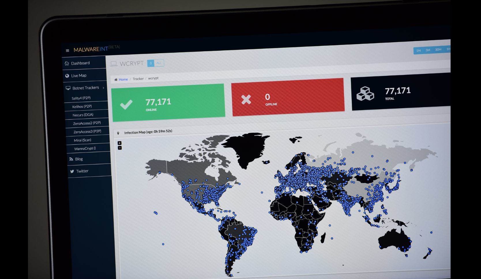 A map compiled by British company Malware Tech displays the geographical distribution of the WannaCry ransomware cyberattack in May 2017.