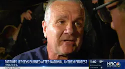 Mark Shane, of Swansea, MA, speaks to NBC Boston after hosting a Patriots jersey burning event in response to players kneeling for the National Anthem.