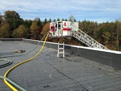 The flying standpipe being used to supply two handlines through the use of the discharge outlet located on the bucker of the aerial ladder.