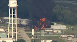 Aerial footage shows one of several chemical fires that erupted at an Arkema plant in Crosby, TX, in the wake of Hurricane Harvey this past summer.