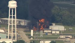 Aerial footage shows one of several chemical fires that erupted at an Arkema plant in Crosby, TX, in the wake of Hurricane Harvey this past summer.