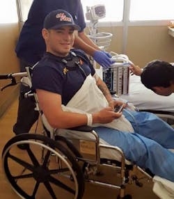 Cal Fire firefighter Damien Pereira shortly after an on-duty accident in July 2015 left him paralyzed below the waist.