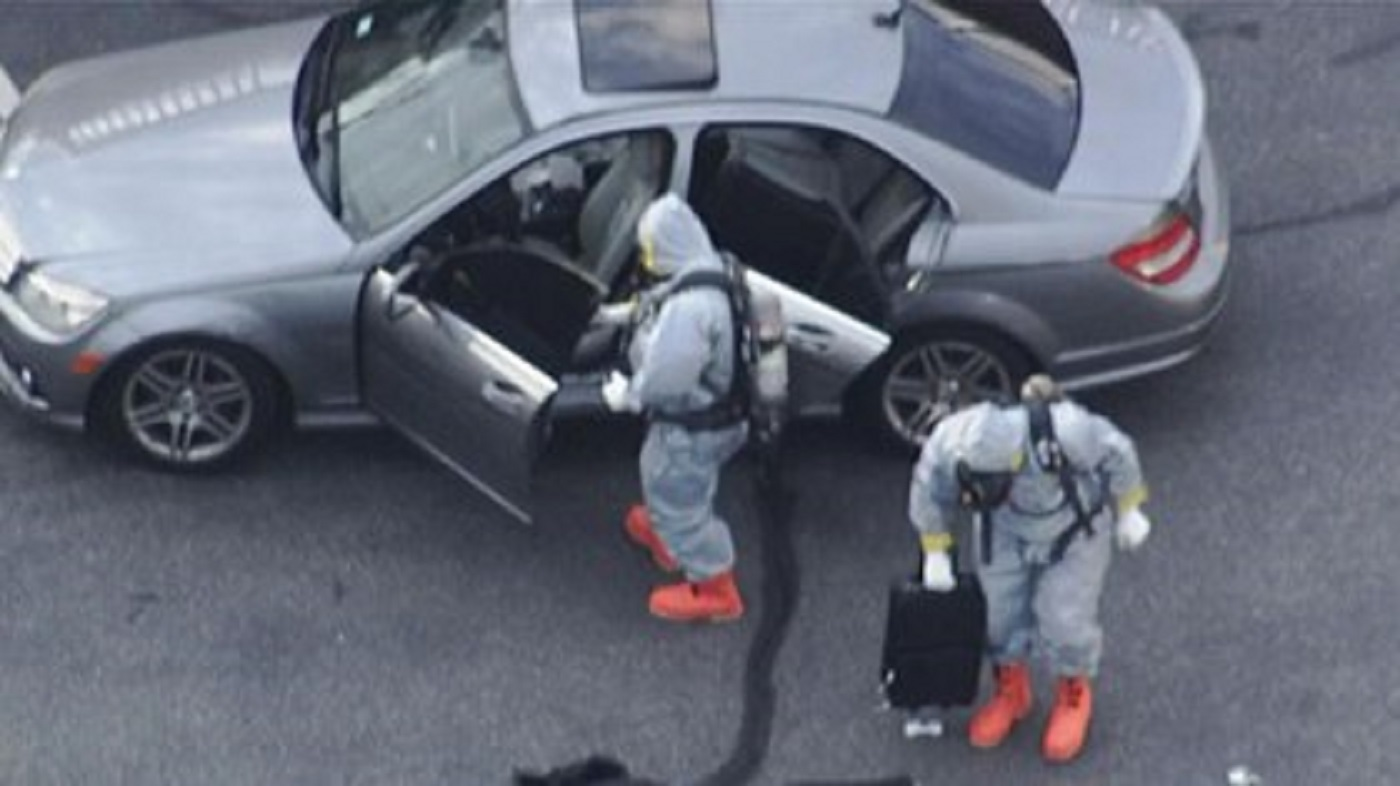 A hazmat team was on scene Thursday, Nov. 2, 2017, in Chelsea, MA, after a white powder believed to be fentanyl was found in a man's vehicle after he fatally overdosed.