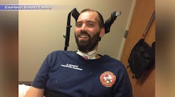 Anchorage firefighter-paramedic Ben Schultz, who suffered a traumatic brain injury when he fell more than 70 feet from a ladder truck in June during training. Anchorage firefighter-paramedic Ben Schultz, who suffered a traumatic brain injury when he fell more than 70 feet from a ladder truck in June during training.