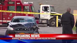 The flatbed damaged several police and fire vehicles in Syracuse.