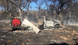 Brush 44 from Parker County Emergency Services District #6 was destroyed by a grass fire after it got stuck. Brush 44 from Parker County Emergency Services District #6 was destroyed by a grass fire after it got stuck.