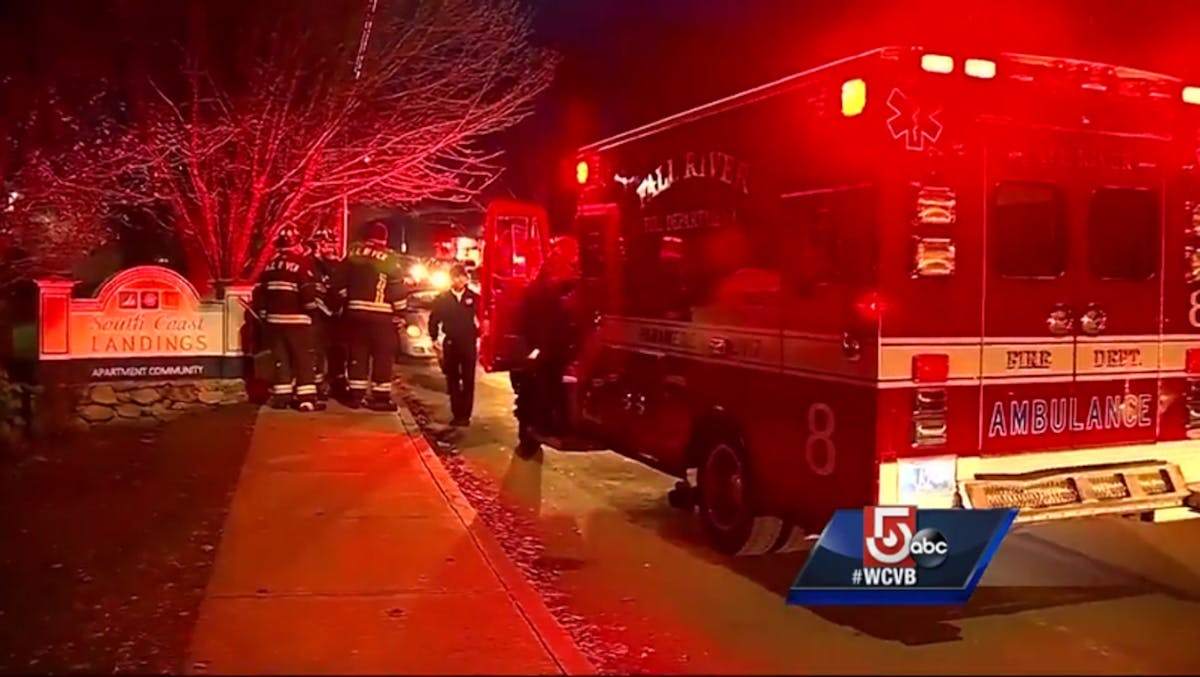 First responders on scene Thursday night at a Fall River, MA, apartment complex that was evacuated after a homemade pipe bomb was found.