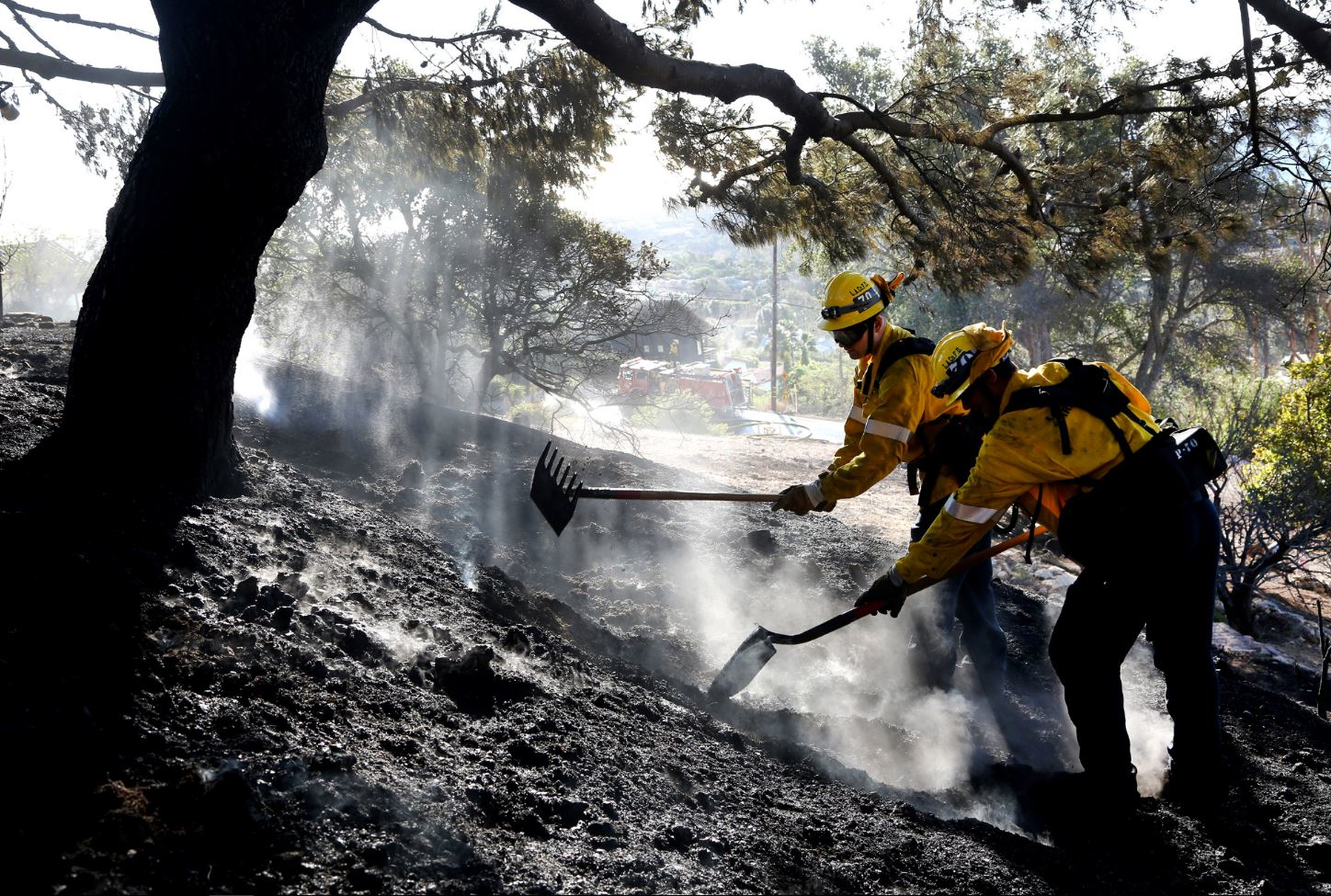Firefighters work to put out a brush fire in Malibu, CA, in the hills above Pt. Dume on Thursday, Dec. 7, 2017.