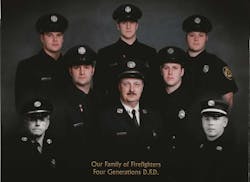 Members of the Wilson family of Detroit firefighters. Back row from left: Firefighters Bryan D. Wilson, Michael R. Wilson and Kristopher J. Fornash. Middle row from left: Lt. Harry P. Wilson, Capt. Harry M. Wilson and Sgt. Timothy J. Wilson. The black and white photos are of Lt. John E. Doll, left, and Lt. Emil C. Doll. Members of the Wilson family of Detroit firefighters. Back row from left: Firefighters Bryan D. Wilson, Michael R. Wilson and Kristopher J. Fornash. Middle row from left: Lt. Harry P. Wilson, Capt. Harry M. Wilson and Sgt. Timothy J. Wilson. The black and white photos are of Lt. John E. Doll, left, and Lt. Emil C. Doll.