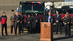 Missouri Gov. Eric Greitens speaks at a press conference in St. Louis on Wednesday announcing his endorsement of presumptive cancer legislation for firefighters in the state. IAFF President Harold Schaitberger, second from left, was on hand.
