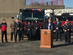 Missouri Gov. Eric Greitens speaks at a press conference in St. Louis on Wednesday announcing his endorsement of presumptive cancer legislation for firefighters in the state. IAFF President Harold Schaitberger, second from left, was on hand. Missouri Gov. Eric Greitens speaks at a press conference in St. Louis on Wednesday announcing his endorsement of presumptive cancer legislation for firefighters in the state. IAFF President Harold Schaitberger, second from left, was on hand.