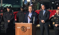 Missouri Gov. Eric Greitens speaks on Dec. 20, 2017, at an event in St. Louis where he endorsed legislation that would cover firefighters who develop job-related cancers.
