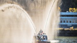 The Pittsburgh Bureau of Fire’s Lake Assault deep V-hull fireboat features a compact Hale 80FC pump flowing up to 3,000 gpm that is powered by a dedicated 6.6L Duramax V-8 diesel engine. The fire pump includes a 6-inch main discharge that feeds a number of outlets, including bow- and stern-mounted TFT Hurricane monitors, each capable of flowing 1,250 gpm. The Pittsburgh Bureau of Fire’s Lake Assault deep V-hull fireboat features a compact Hale 80FC pump flowing up to 3,000 gpm that is powered by a dedicated 6.6L Duramax V-8 diesel engine. The fire pump includes a 6-inch main discharge that feeds a number of outlets, including bow- and stern-mounted TFT Hurricane monitors, each capable of flowing 1,250 gpm.