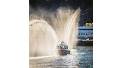 The Pittsburgh Bureau of Fire&rsquo;s Lake Assault deep V-hull fireboat features a compact Hale 80FC pump flowing up to 3,000 gpm that is powered by a dedicated 6.6L Duramax V-8 diesel engine. The fire pump includes a 6-inch main discharge that feeds a number of outlets, including bow- and stern-mounted TFT Hurricane monitors, each capable of flowing 1,250 gpm.