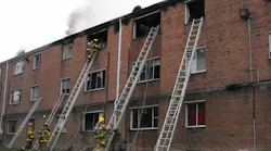 Crews did a good job with ground ladder placement at this fire in a three-story, ordinary construction apartment complex. First- and second-arriving ladder companies must carry a good assortment of straight, roof and extension ladders.
