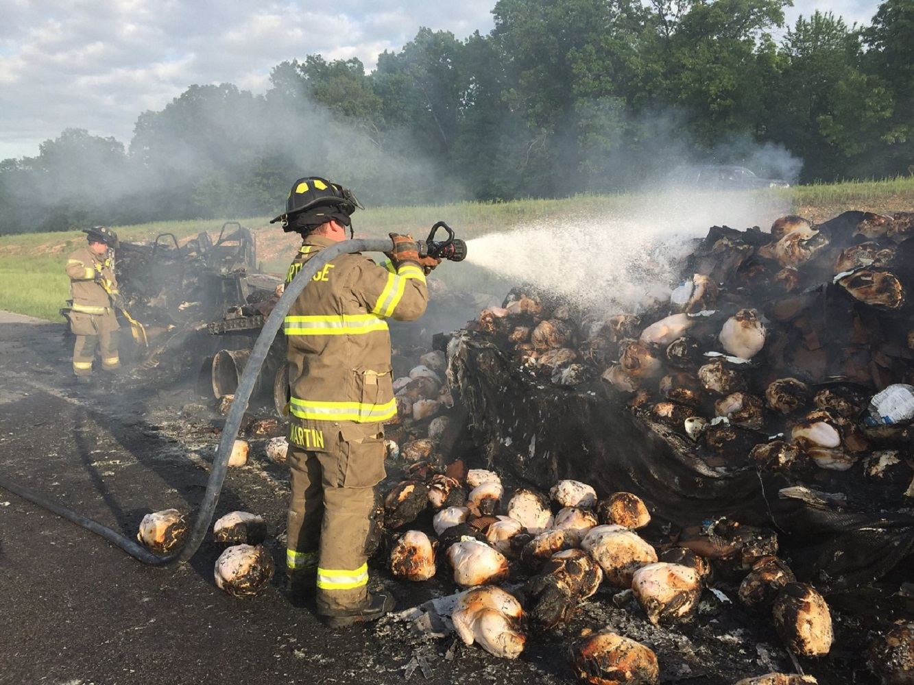 Carthage,MO, firefighters douse a blaze that engulfed a tractor-trailer hauling poultry in May 2015.