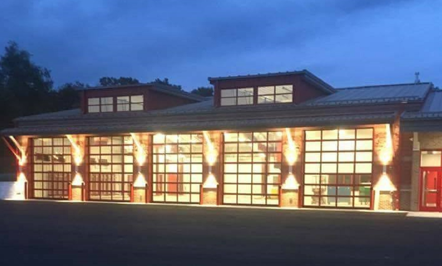 The Hanover Township, PA, Fire Department's new headquarters all lit up during the final phase of construction in August 2017.